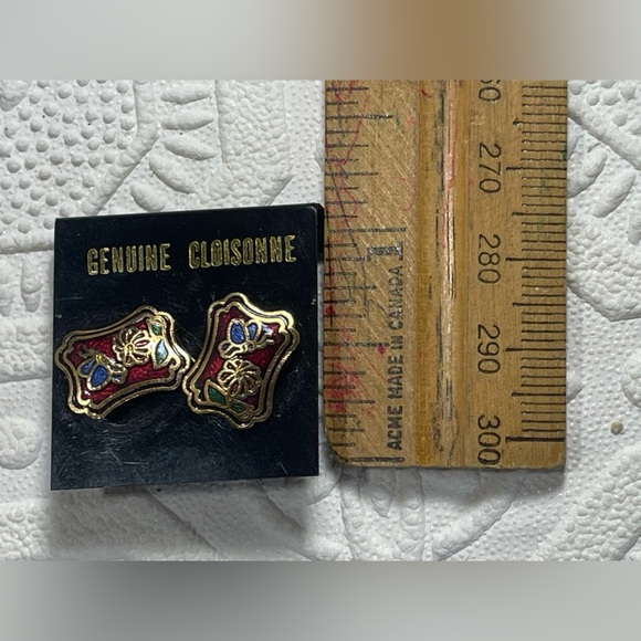 Vintage Red Cloisonne Butterfly Floral Stud Earrings - Picture 5 of 6